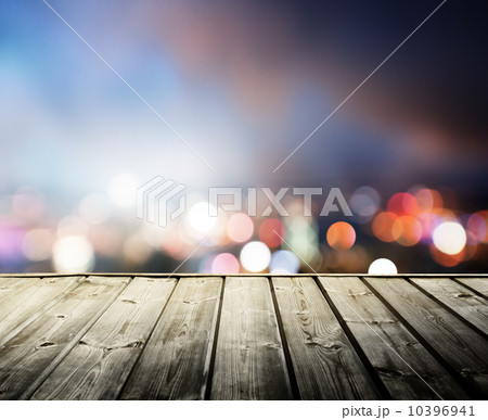 wooden platform and lights of night Hong Kong 10396941