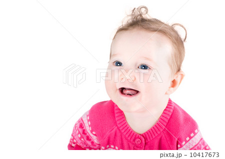 Portrait of a sweet baby girl with curly hair and blue eyes wearing a pink sweater with hearts pattern, isolated on white Portrait of a sweet baby girl with curly hair and blue eyes wearing a pink sweater with hearts pattern, isolated on white 10417673