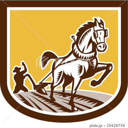 Farmer and Horse Plow Farm Crest Woodcut Retro 10426738