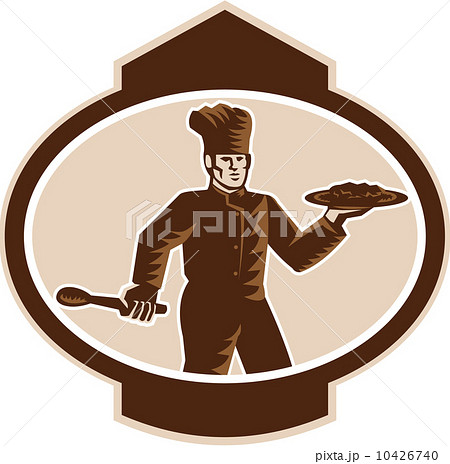 Chef Cook Serving Food Platter Woodcut Retro 10426740