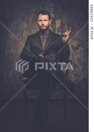 Handsome well-dressed with stick sitting in leather chair 10429884