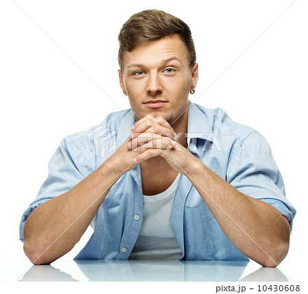 Stylish man in blue shirt with earring isolated on white Stylish man in blue shirt with earring isolated on white 10430608