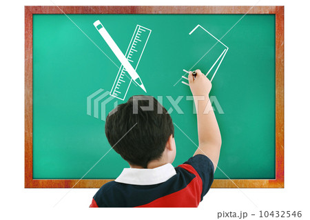 Boy in classroom thinking, writing and counting on board Boy in classroom thinking, writing and counting on board 10432546