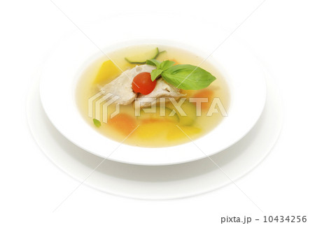 broth with quail on a white background in the restaurant 10434256