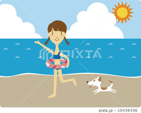 海で浮き袋をして遊ぶ女の子のイラスト素材