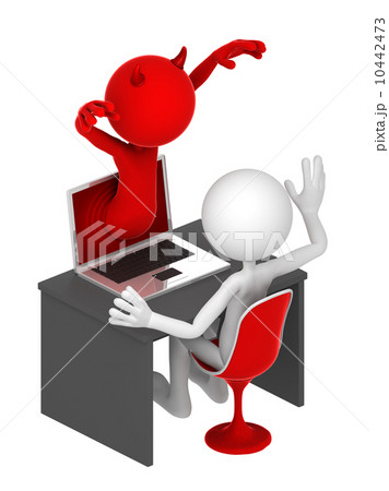 Businessman frightened by Devil breaking through a laptop screen 10442473