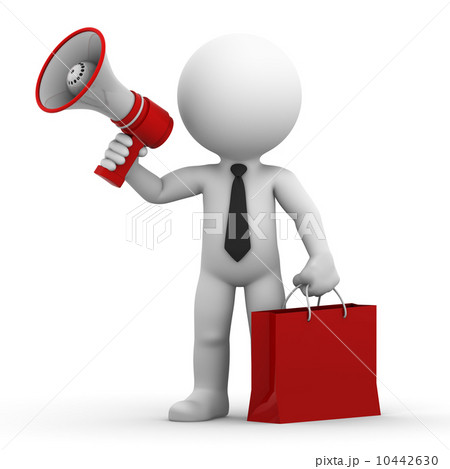 A happy businessman with megaphone and shopping bag 10442630
