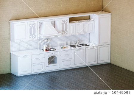 Classic White Kitchen Cabinet With Parquet Floor 10449092