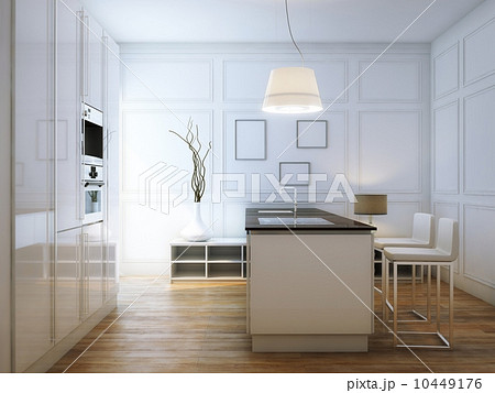Beige Hi-Tech Kitchen With Bar and lighter 10449176