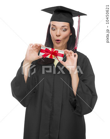 Female Graduate Holding Stack of Gift Wrapped Hundred Dollar Bil Female Graduate Holding Stack of Gift Wrapped Hundred Dollar Bil 10450621