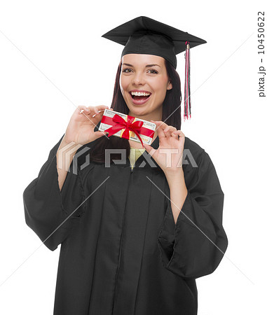 Female Graduate Holding Stack of Gift Wrapped Hundred Dollar Bil 10450622