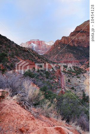 Zion National Park with red rocks, road and snow Zion National Park with red rocks, road and snow 10454128