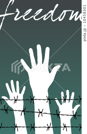 hands behind a barbed wire prison with the word Freedom hands behind a barbed wire prison with the word Freedom 10458301