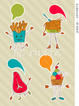 Colourful food cartoons with dialogue balloon. 10458874