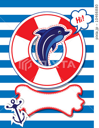 Funny Card with dolphin, anchor, lifebuoy and empty frame for te Funny Card with dolphin, anchor, lifebuoy and empty frame for te 10466880