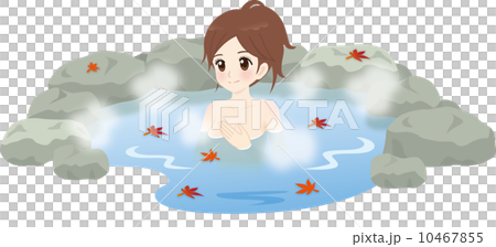 露天風呂に入浴中の女の人と紅葉のイラスト素材