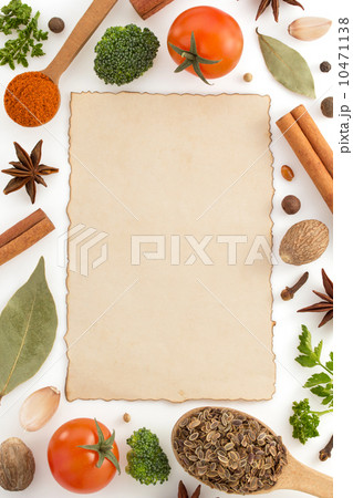 food ingredients and paper on white food ingredients and paper on white 10471138