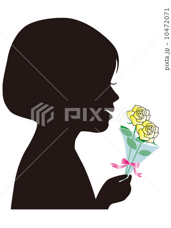 白バラの花束を持つ女の子のシルエットのイラスト素材