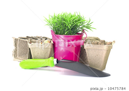 Planting Flowers. Bucket, Shovel, Seeds, Dlay Isolated on White Planting Flowers. Bucket, Shovel, Seeds, Dlay Isolated on White 10475784