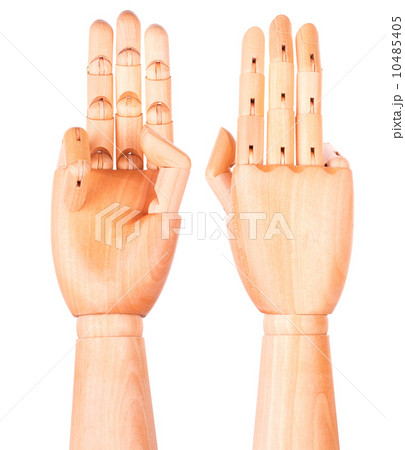 wooden hand is showing three fingers wooden hand is showing three fingers 10485405