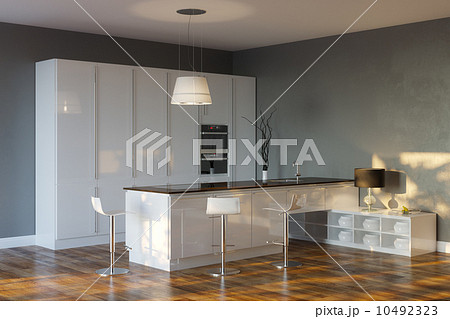 Luxury Hi-Tech Kitchen With Grey Walls And Bar 10492323