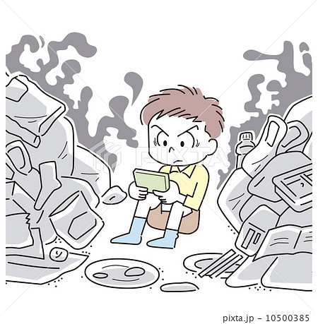 ゴミの中でゲームをする男の子 ゴミの中でゲームをする男の子 10500385