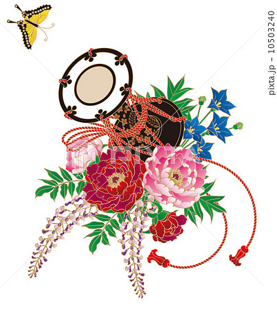 鼓と和の花のイラスト素材