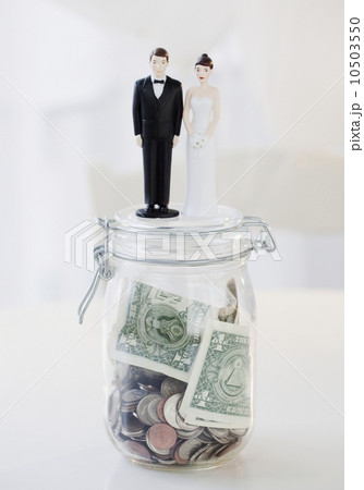 Bride and groom cake toppers on jar of money 10503550