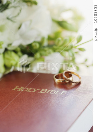 Two wedding rings on bible, studio shot 10505355