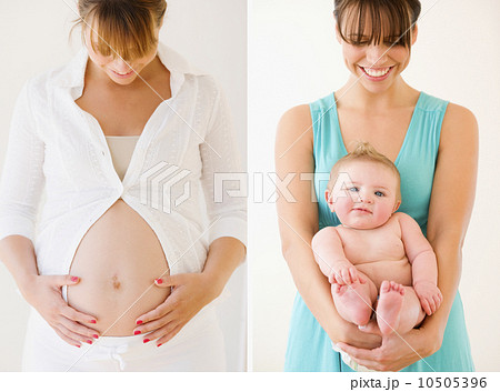 Pregnant woman next to mother holding baby Pregnant woman next to mother holding baby 10505396
