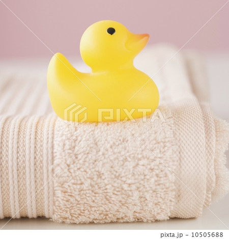Close up of toy duck on towel 10505688