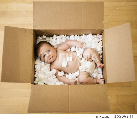 Baby girl (2-5 months) in cardboard box 10506844