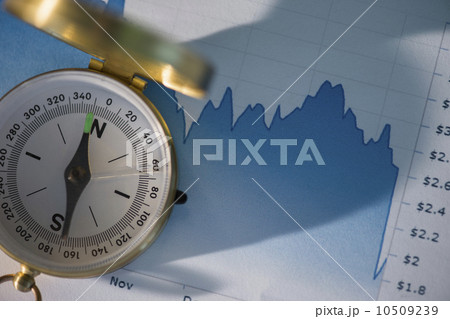 Studio Shot of financial graph and compass on top Studio Shot of financial graph and compass on top 10509239
