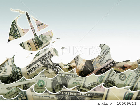 Boat on heavy waves made of paper currency 10509611