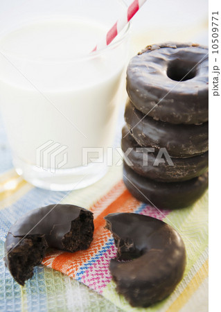 Close up of chocolate donuts and milk 10509771