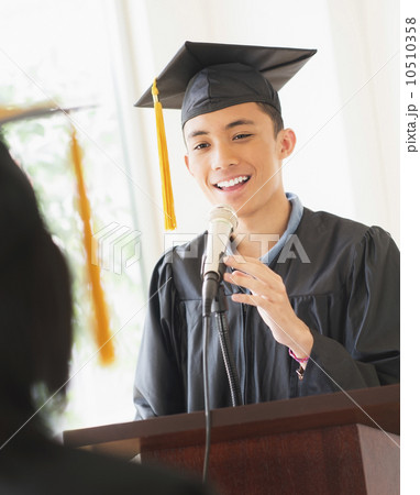 Young man giving speech at graduation Young man giving speech at graduation 10510358