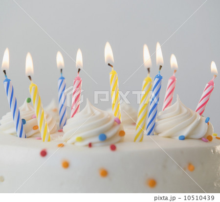 Studio shot of birthday cake with lit candles 10510439
