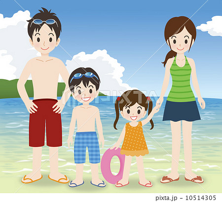 家族4人で海水浴 背景有のイラスト素材