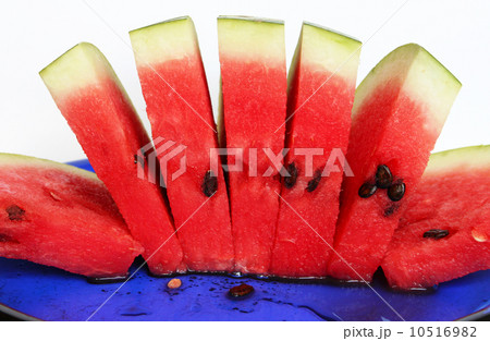 Slices of juicy watermelon served on blue plate Slices of juicy watermelon served on blue plate 10516982