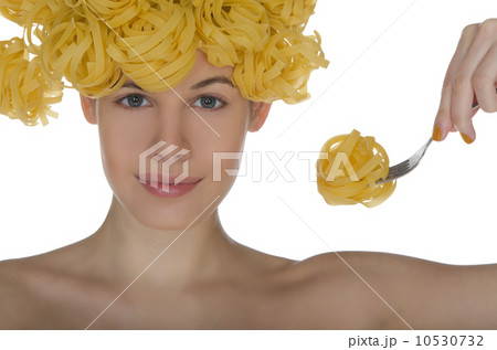 woman with spaghetti on the head and plug 10530732