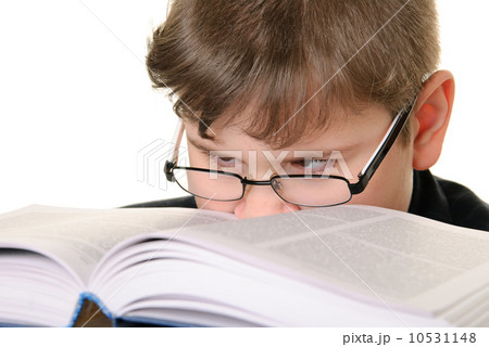 Boy wearing spectacles attentively reads book Boy wearing spectacles attentively reads book 10531148