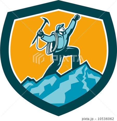 Mountain Climber Reaching Summit Retro Shield Mountain Climber Reaching Summit Retro Shield 10536062