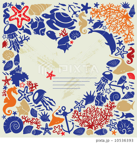 Background heart is surrounded of fishes, dolphins, shells, cora 10536393
