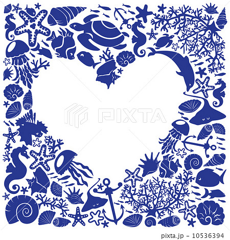 White background heart is surrounded of fishes, dolphins, shells 10536394