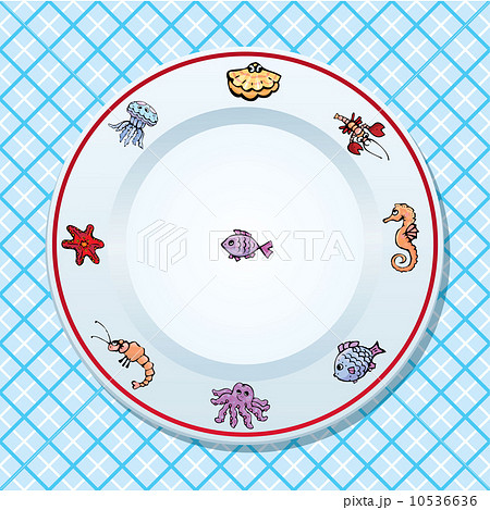 The seafood restaurant menu design - dish on checked tablecloth 10536636