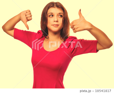 girl woman shows signs yes and no, hand fingers isolated on whit 10541817