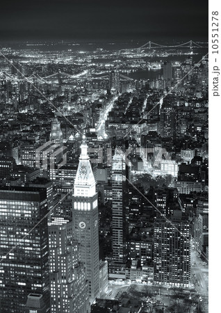 New York City Manhattan skyline aerial view at dusk black and wh New York City Manhattan skyline aerial view at dusk black and wh 10551278