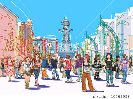 大阪ミナミ新世界 通天閣の街角風景のイラスト素材