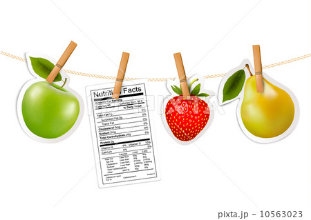 Fruit stickers and a nutrition label hanging on a rope. Vector. Fruit stickers and a nutrition label hanging on a rope. Vector. 10563023