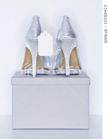 Studio shot of silver dress shoe on shoe box Studio shot of silver dress shoe on shoe box 10566423